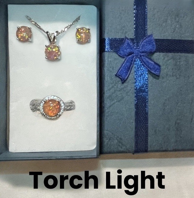 DEAL! Stunning Orange Fire Opal Necklace, Earrings, & CZ Halo Ring Size 9 Set