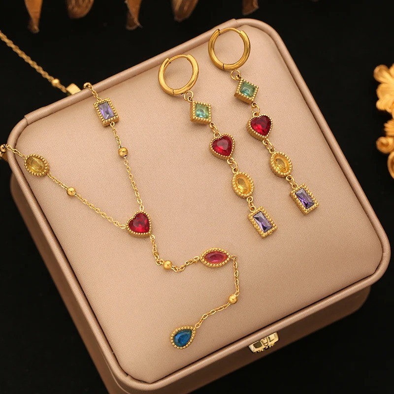 316L Stainless Steel Colored Zircon Necklace Earrings Set Luxury Sparkling Cryst