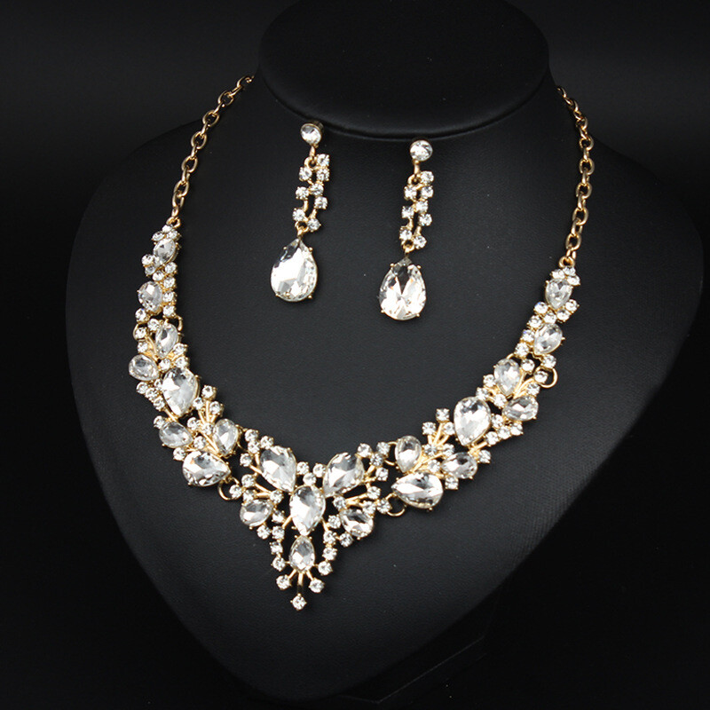 Crystal Gem Necklace Earrings Bridal Jewelry Set Statement Christmas Party Gift