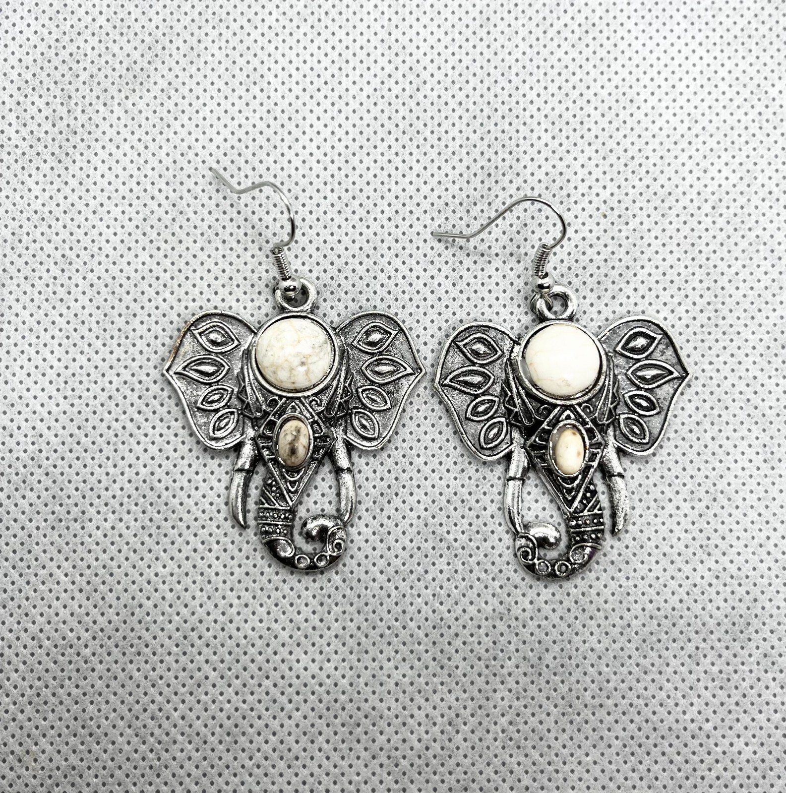 Tribal Boho Silver Dangle Elephant Semi Precious Stone Earrings