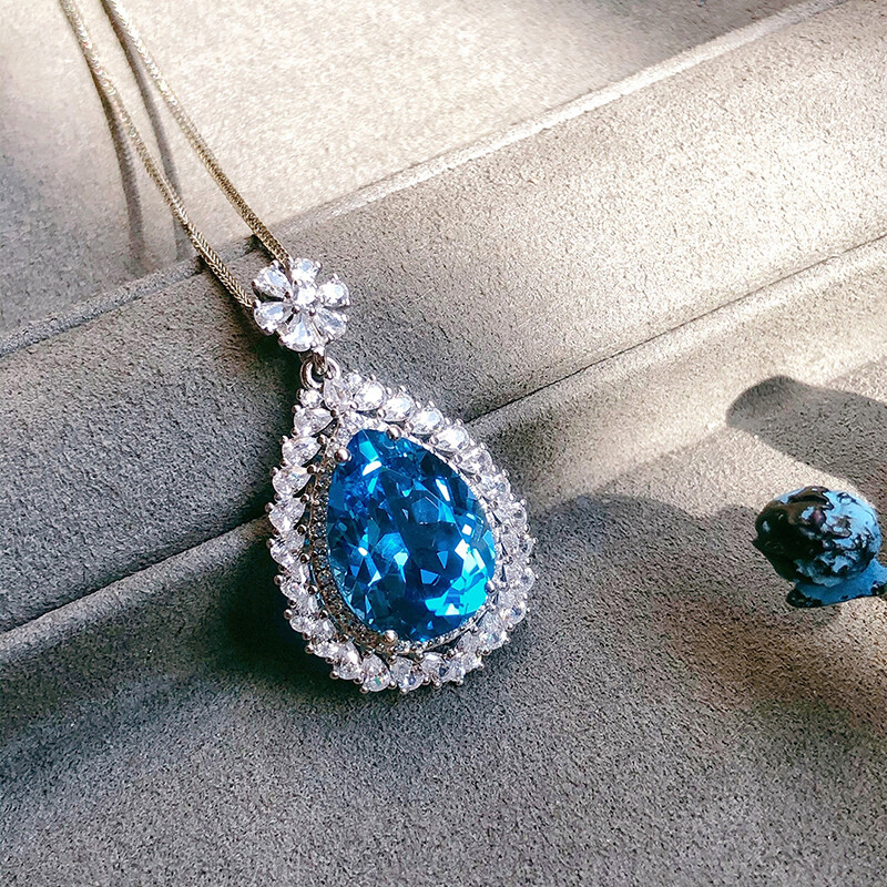 New Water Drop Blue Topaz Gemstone Charm Women Jewelry Silver Necklace Pendants