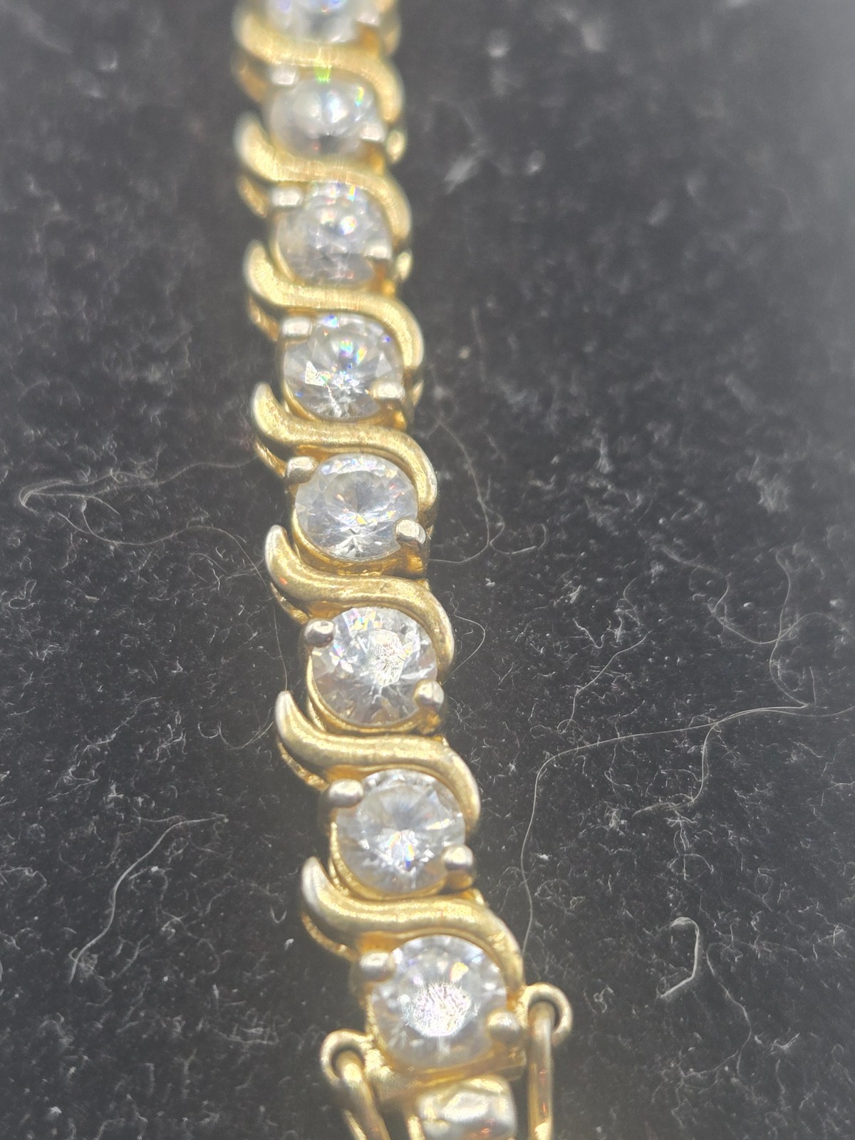 Sterling CZ Tennis Bracelet S-Bar-Link 7.5″ Bling Golden Dainty Feminine (A6)