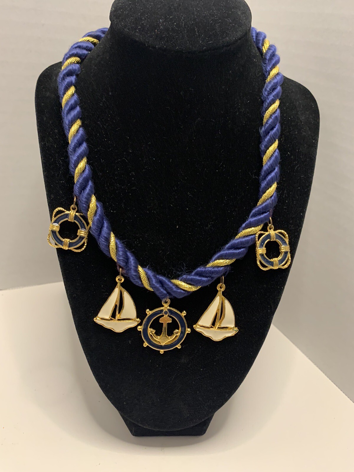 Nautical Navy & Gold Rope Collar Necklace w/ Sailboat & Anchor