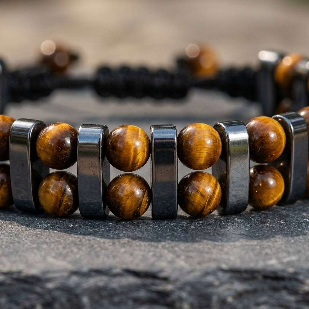 Tiger Eye Hematite Bracelet Adjustable Beaded Stone Mens Jewelry Verified Gift