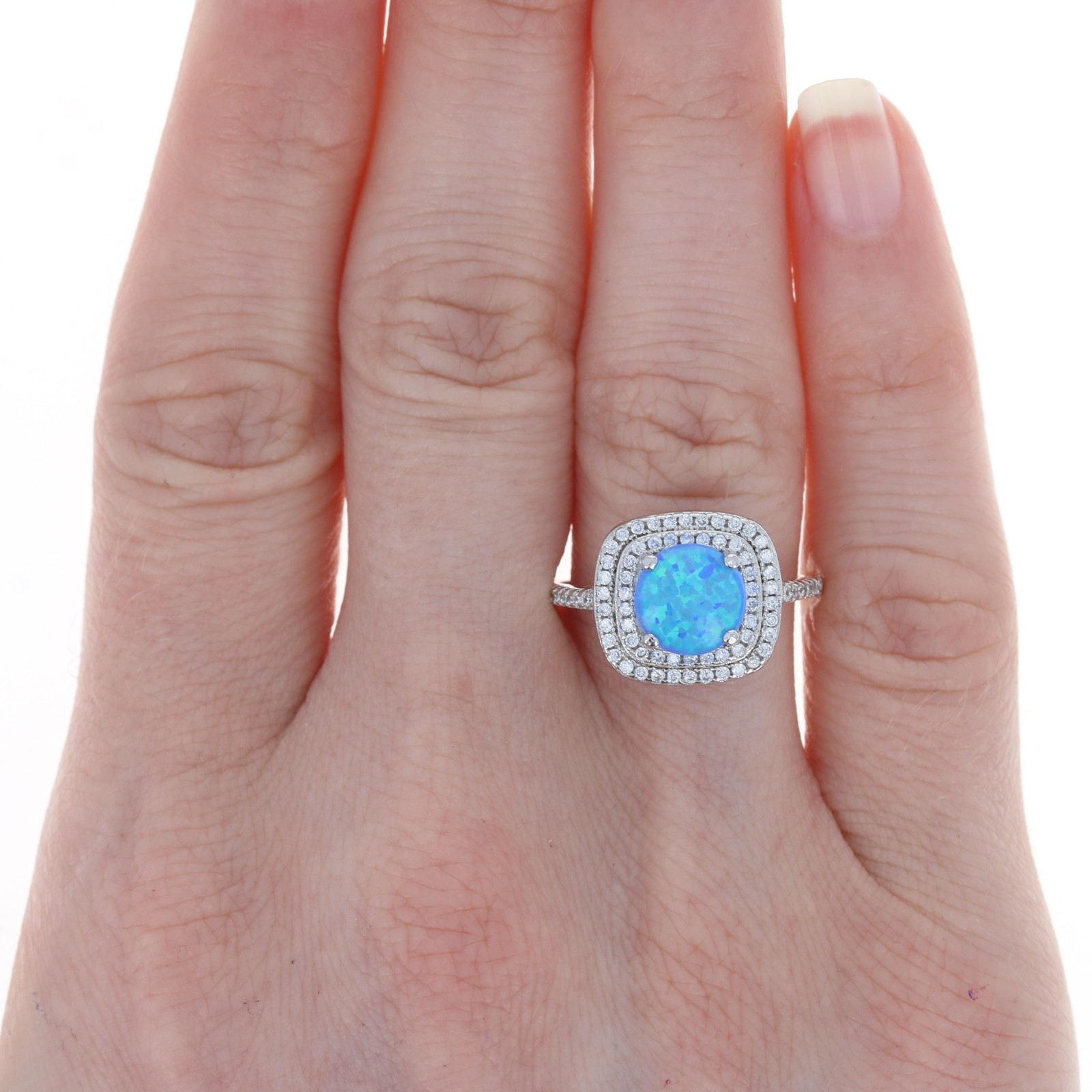 Sterling Synthetic Opal & Cubic Zirconia Double Halo Ring – 925 Round 1.60ctw