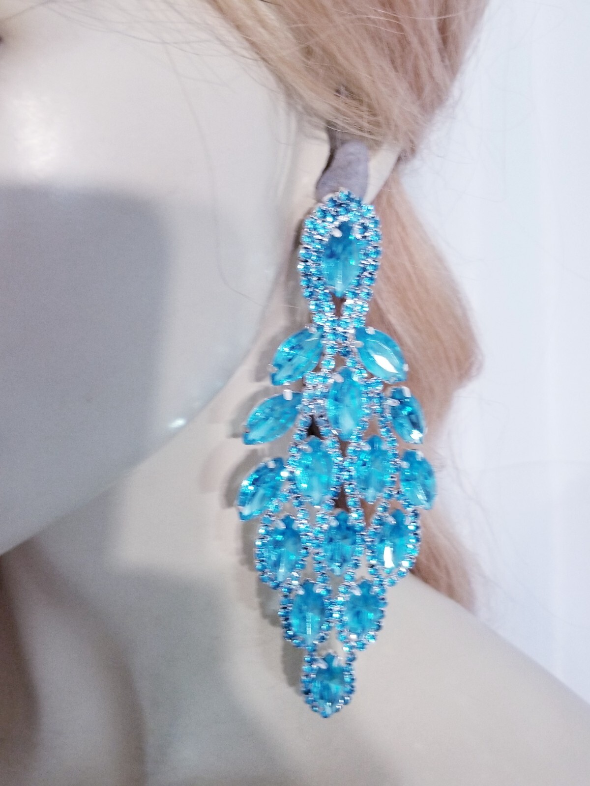 PIERCED Drop Dangle Chandelier Earrings 5.4 inch Aqua Rhinestone Pageant Prom