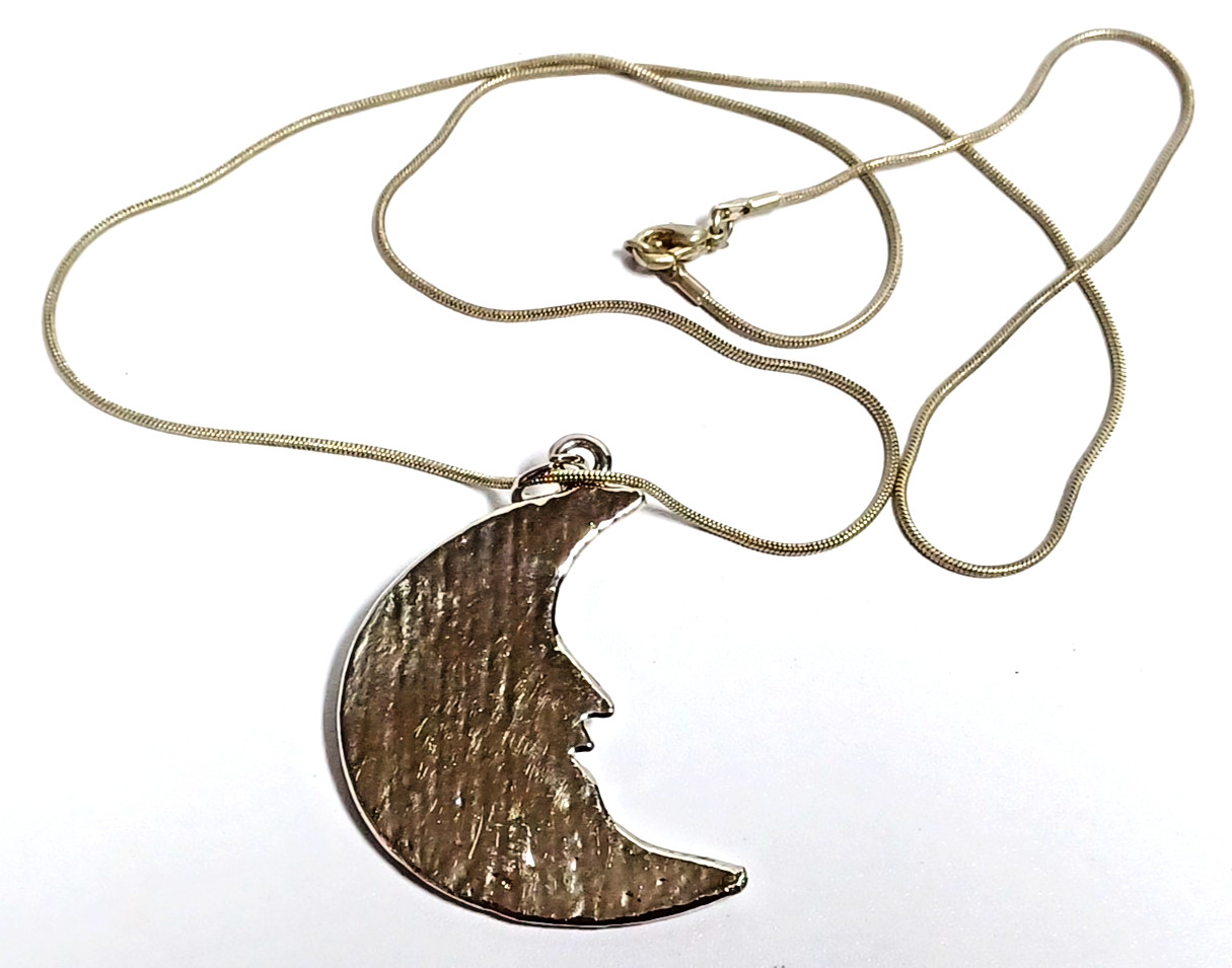 Yellow Crescent Moon Face Pendant Blue Eye Sparkles Silver Tone 24″ Chain