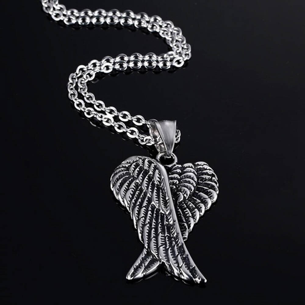Gothic Double Angel Wings Pendant Necklace Antique Silver Tone w 23″ Link Chain