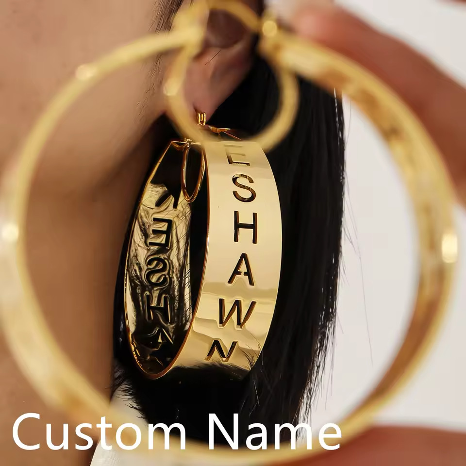 Custom Hollow Letters Name Earrings Pair Jewelry Hoop Round Stainless Steel Gold