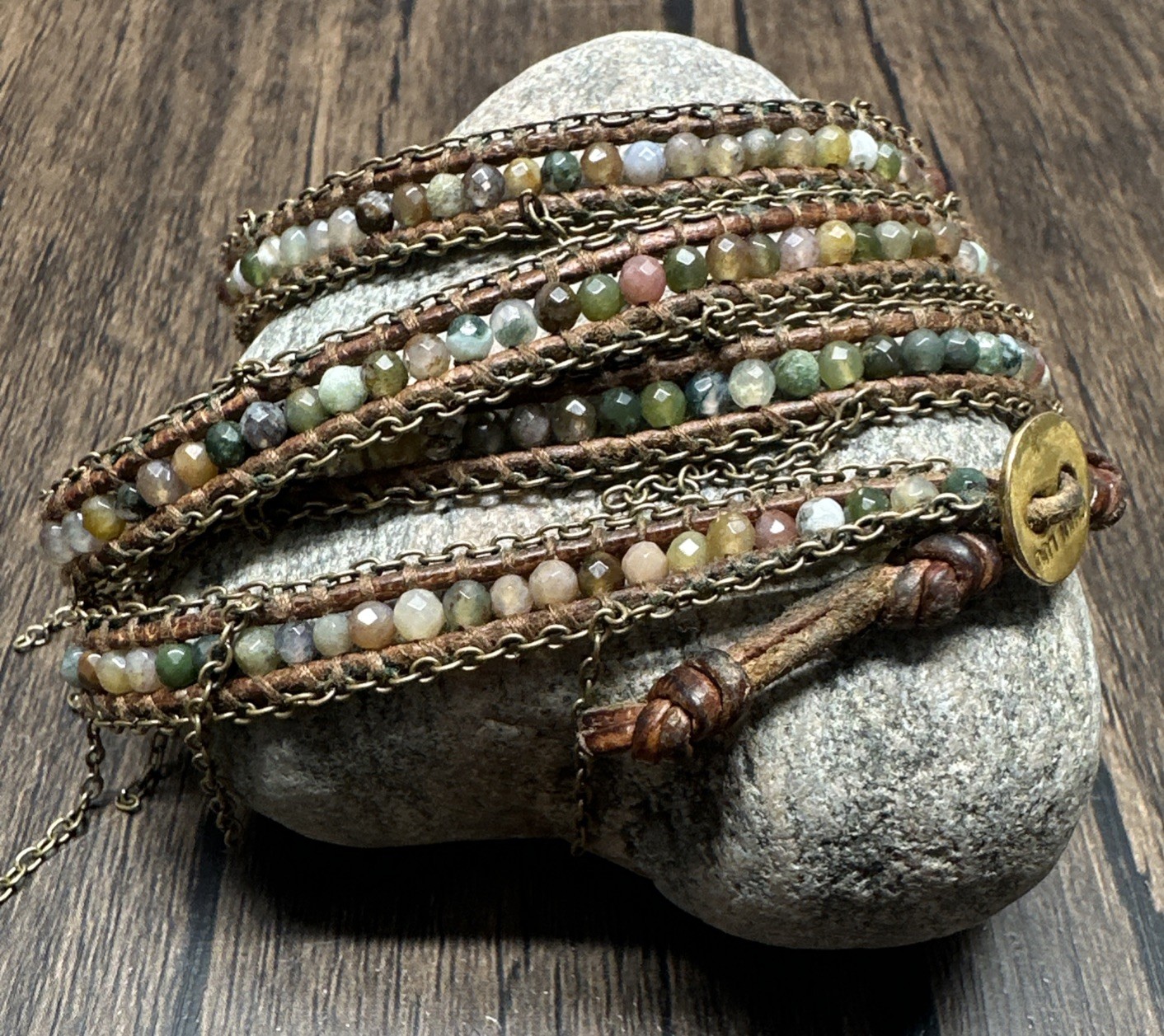 **CHAN LUU** 33” 5x Semi-Precious Stone Leather Cord Wrap-Around Bracelet