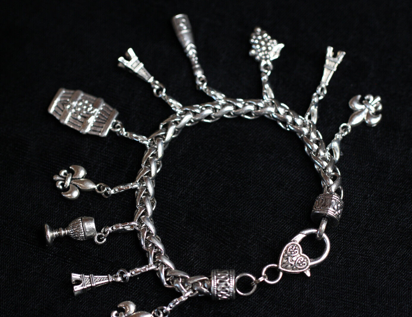 Paris Wine Lover Charm Bracelet Silver Pewter Charms 8″ Interchangeable Eiffel