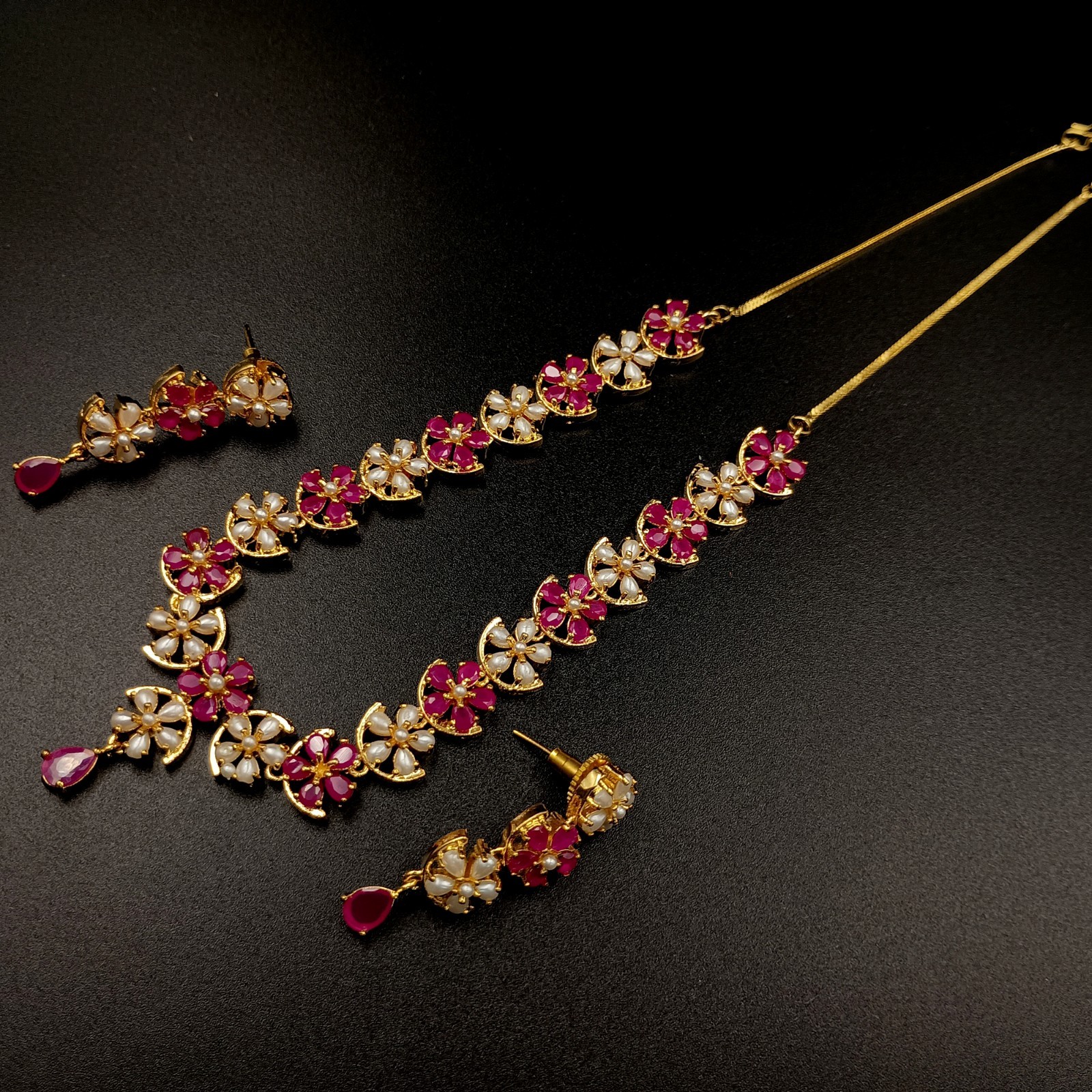 Traditional 22K Gold Plated Floral Ruby Pearl Necklace Set Statement Jewelry