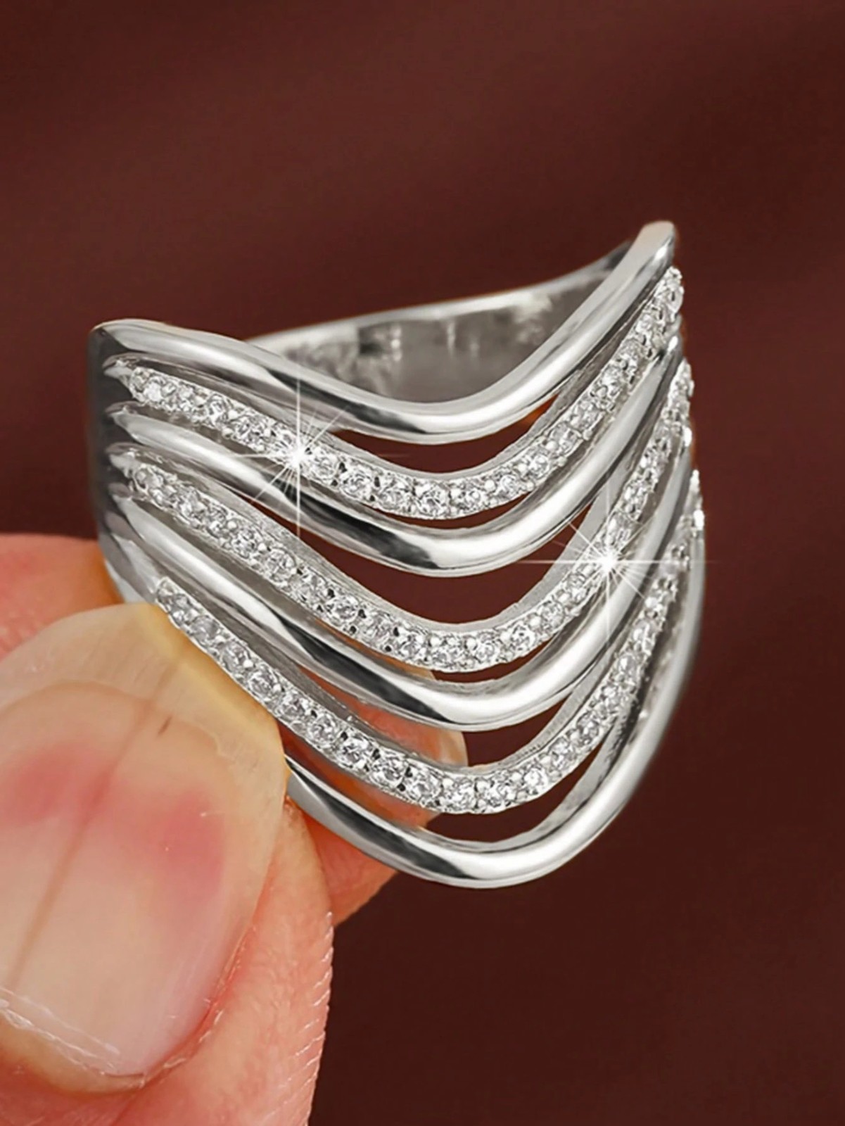 Elegant Cubic Zirconia Ring Wide Band Hollow Women’s Party Jewelry Gift for Her