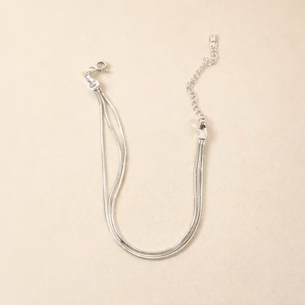 925 Sterling Silver Snake Chain Bracelet Layered Triple Adjustable Bracelet 018