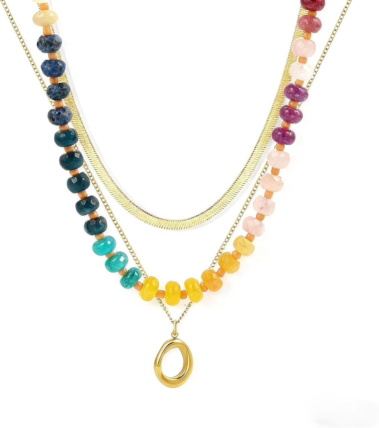 Layered Beaded Necklace for Women Colorful Trendy Snake Chain Circle Pendant Cho