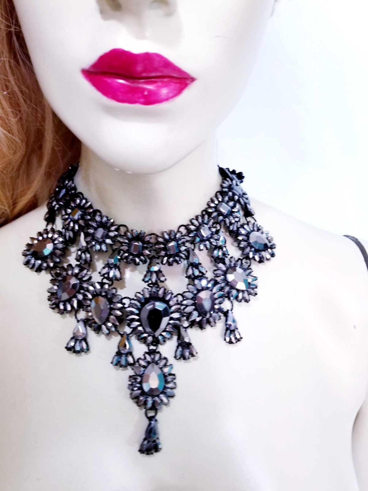 Charcoal Gray Statement Choker Rhinestone Necklace Bridal Prom Pageant Gothic