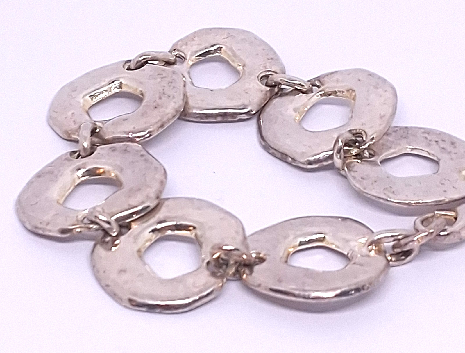 Vintage Silver Tone Hammered Chunky Link with Lobster Clasp Bracelet-7 Inch