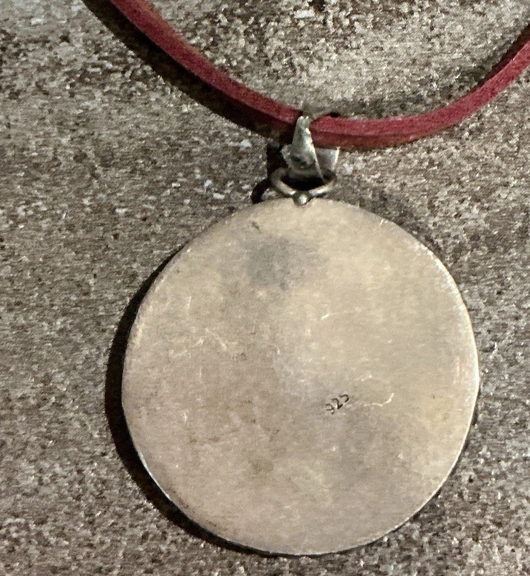 Vtg 925 Sterling Silver Enamel Tulip Oval Ceramic Pendant Corded Necklace 15”