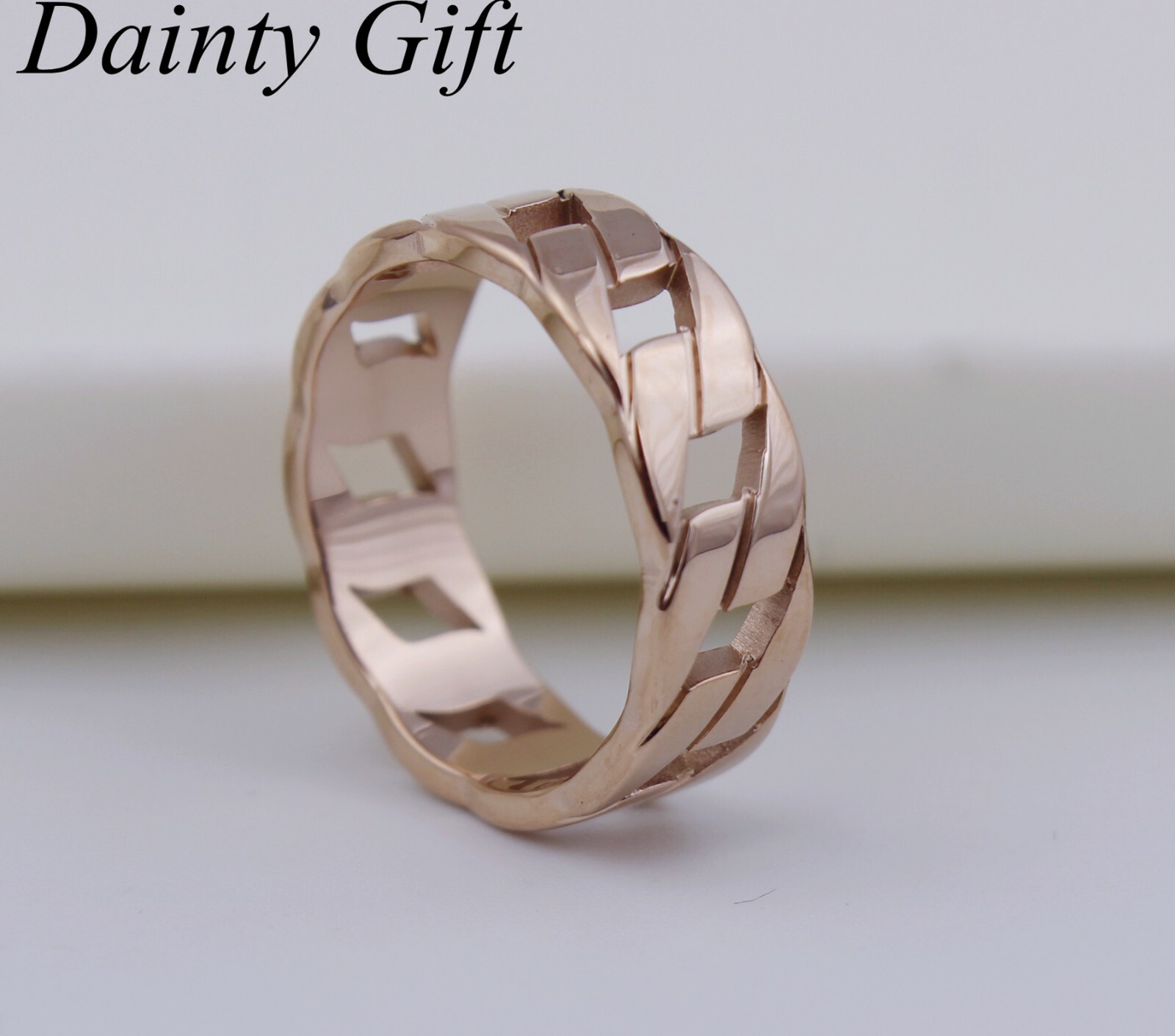 Women Girl Rose Gold Plated Titanium Stainless Steel Cuban Link Chain Ring 7