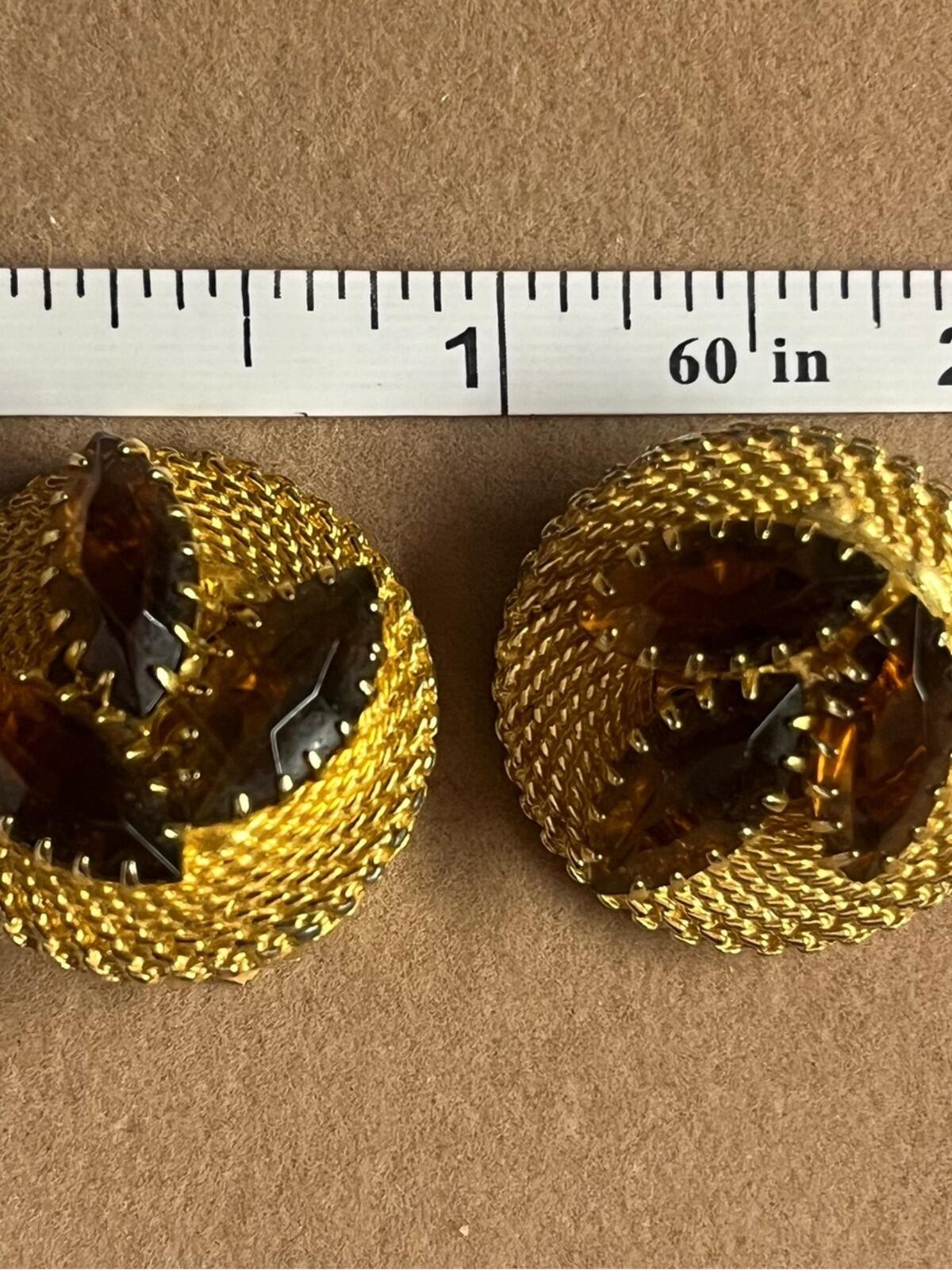 Vintage Amber Topaz Rhinestone Gold Tone Clip Earrings Designer Style