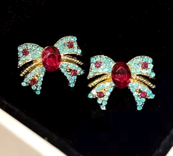 Super Cute Sparkly Blue Red BOW Rhinestone Gold Betsey Johnson Earrings