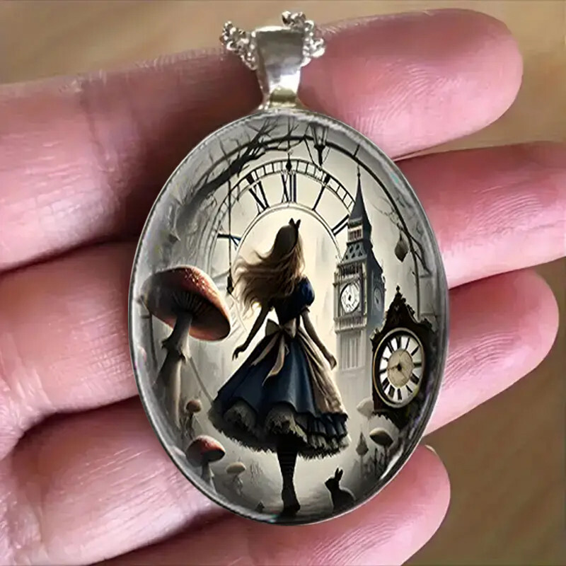 Alice In Wonderland Oval Jewelry Silvery Magical Gothic Clock Pendant Necklace