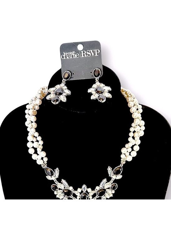 RSVP Earrings Black & White Pearl & Rhinestone Necklace & Earring Set NWT