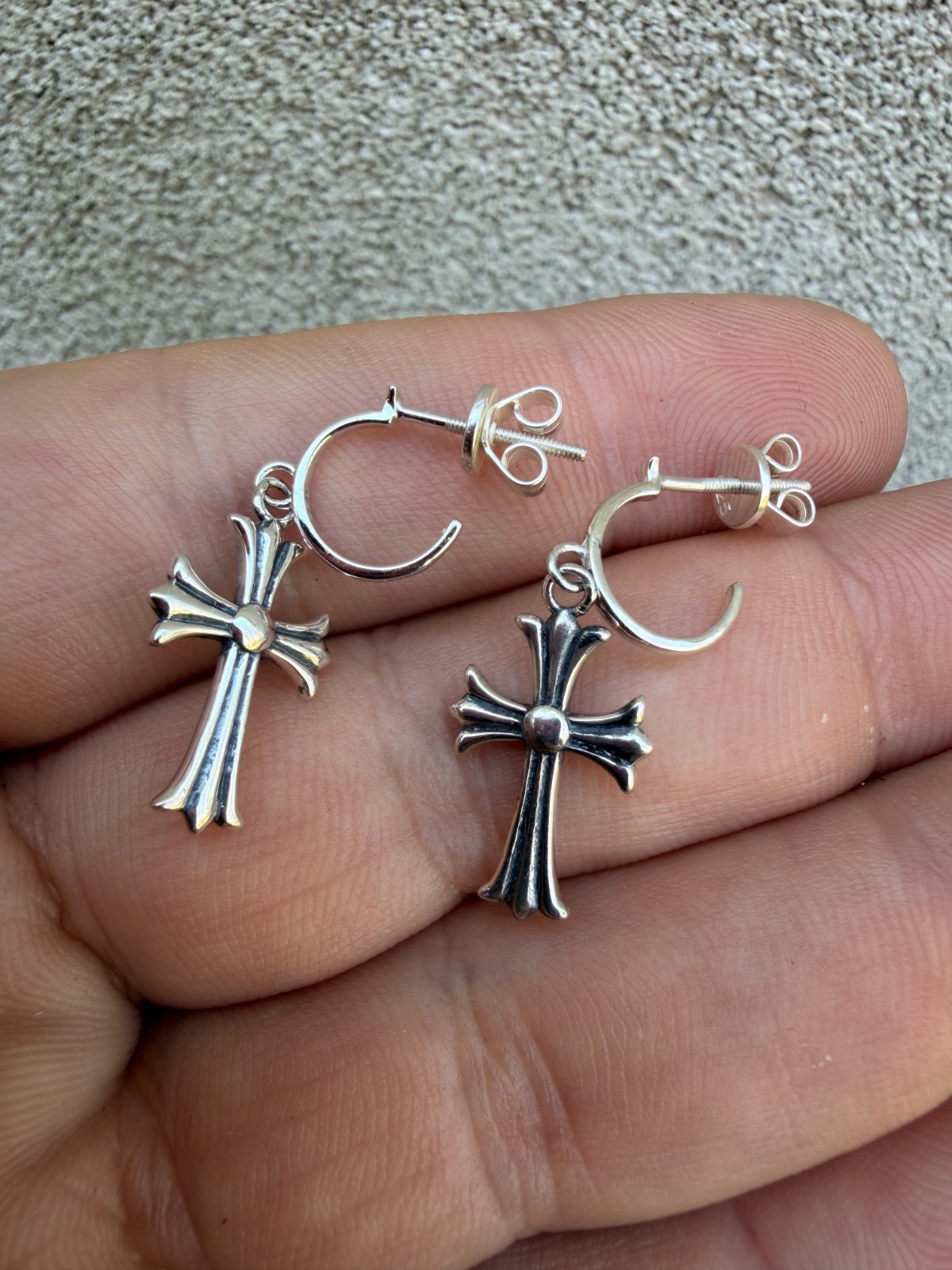 Hearts Chrome Star Earrings Huggie Hoops & Dangle Cross 925 Silver Oxidized