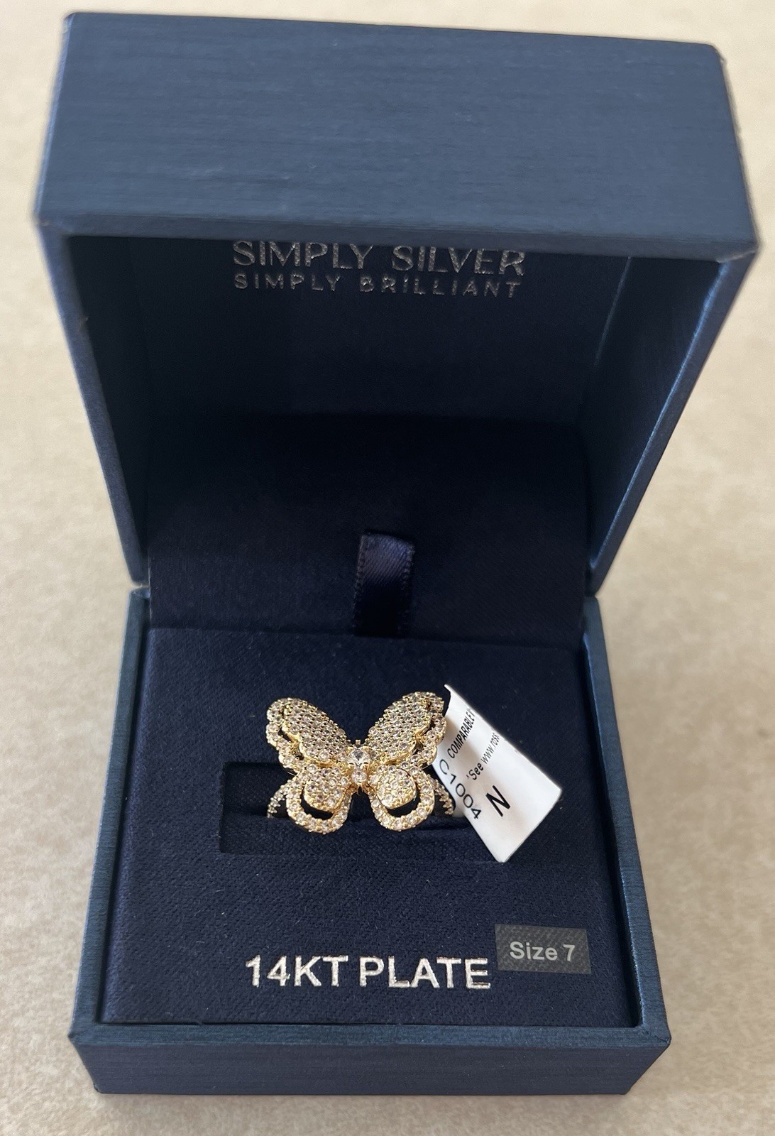 Oversized Butterfly Cocktail Ring Gold Tone Pave Crystal Rhinestone Size 7 Glam