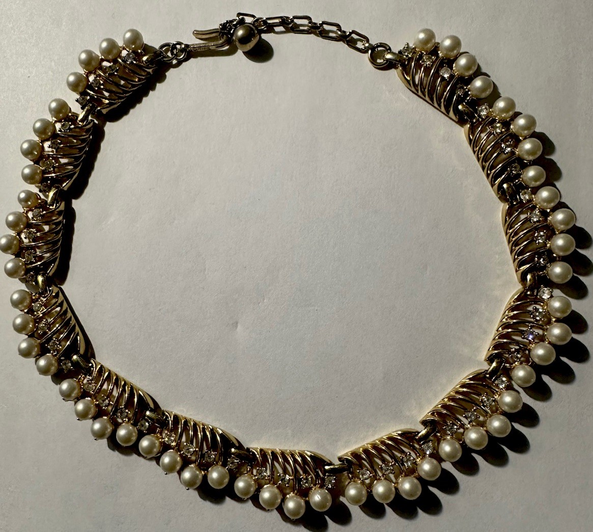 Trifari Gold Tone Imitation Pearl Rhinestone Choker Necklace, Signed