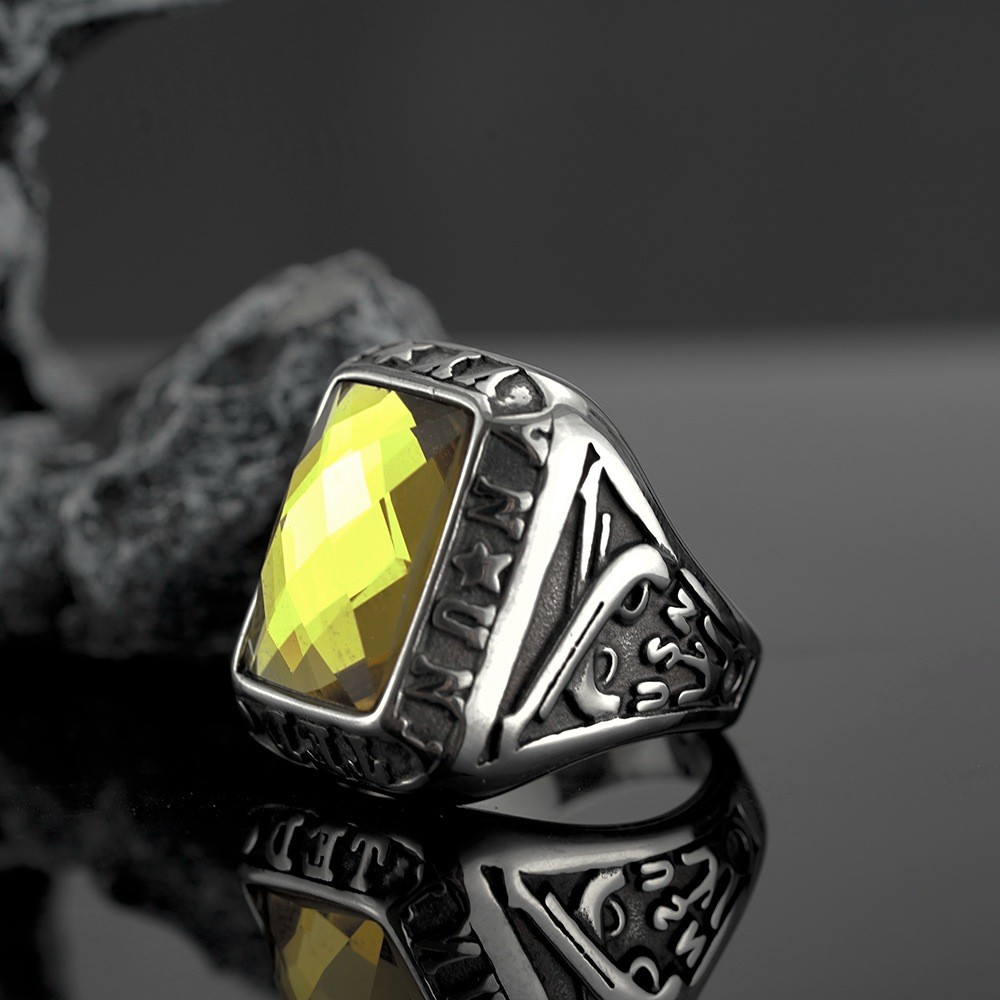 United States Navy Ring Hip-Hop Stainless Steel Double Gun Yellow Gemstone Ring