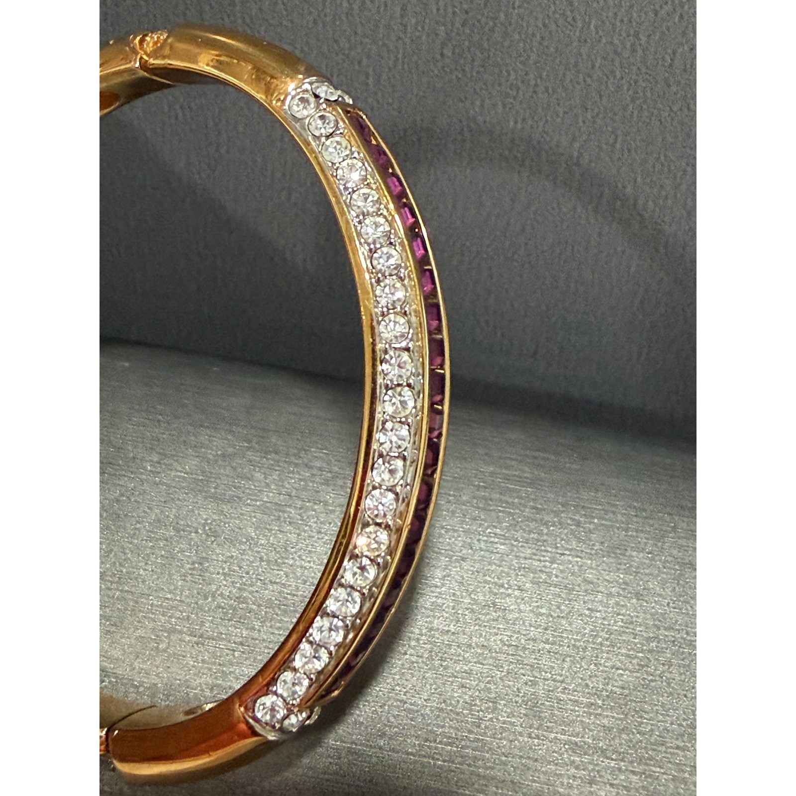 Vintage Purple Clear Crystal Hinged Bangle Bracelet Rhinestone Pave Gold Tone
