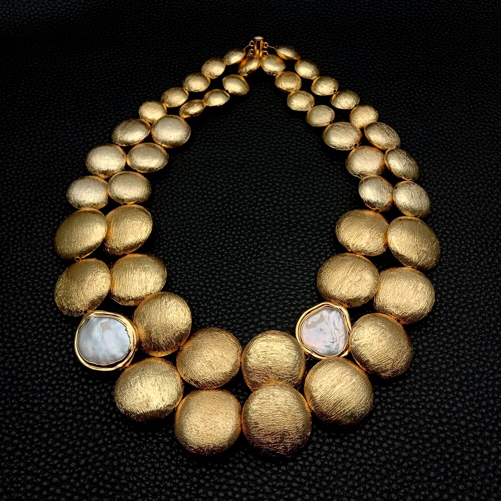 18″ 2 Rows Gold Plated Brushed Coin Bead Cultured White Coin Pearl Necklace
