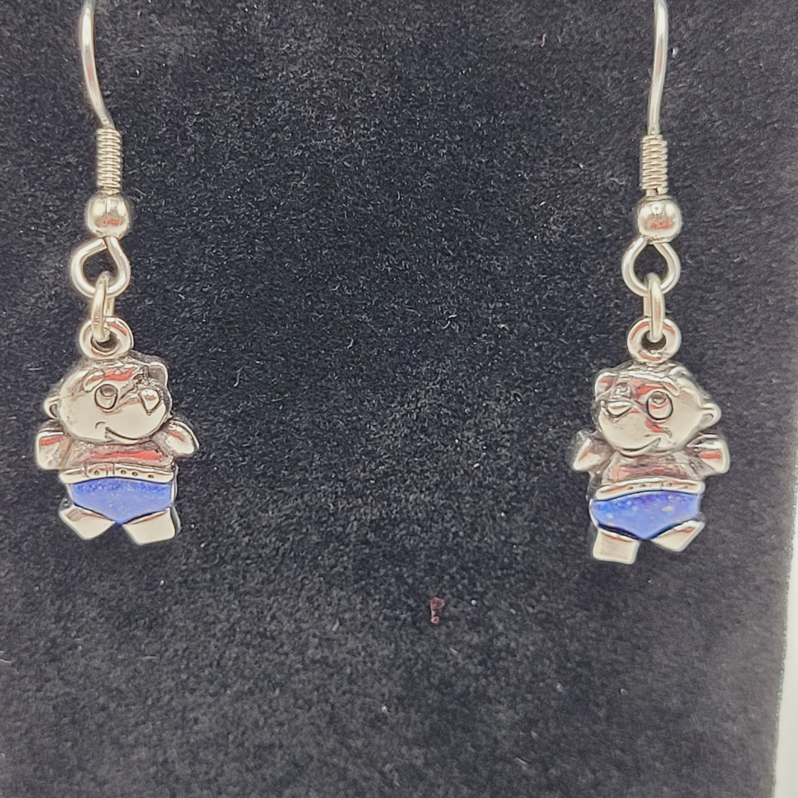 SW Waldeck Johnson Teddy Bear Lapis Lazuli Silver Tone Pierced Hook Earrings
