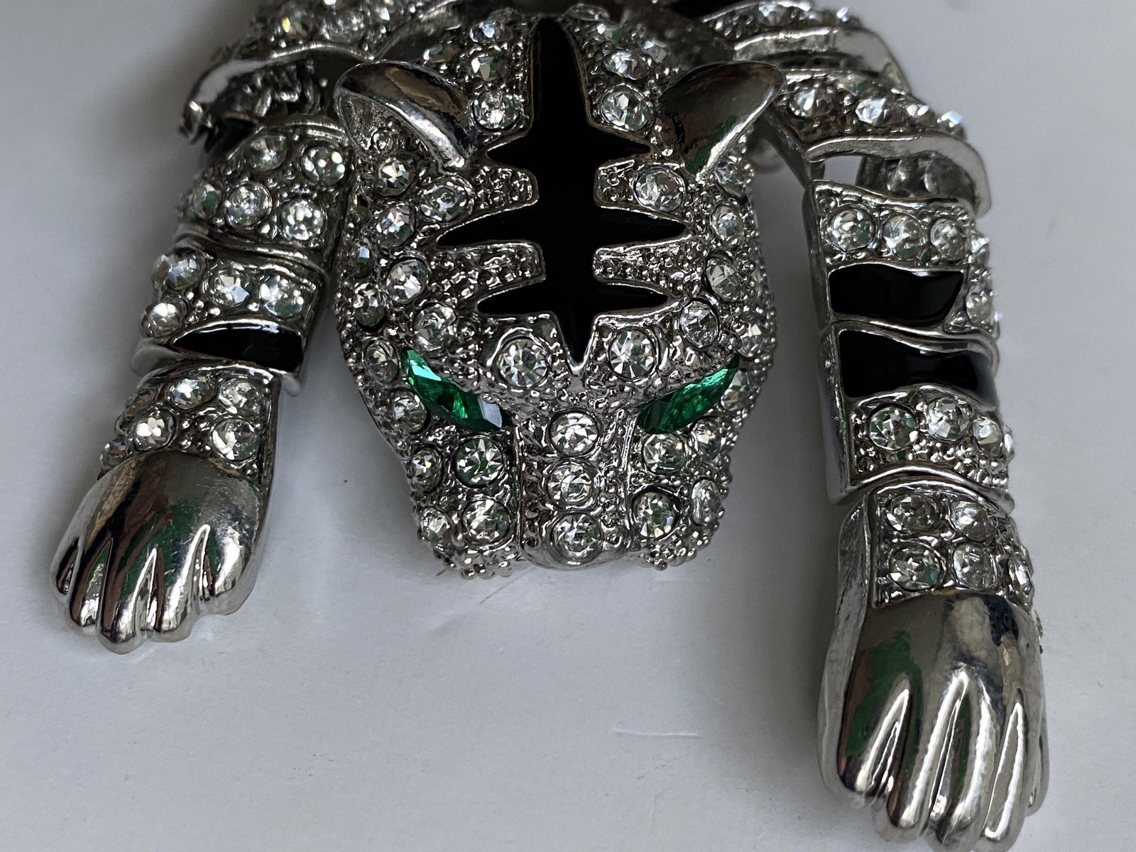 Movable Articulated Silver Tone Crystal Black Enamel Large Tiger Cat Brooch NEW