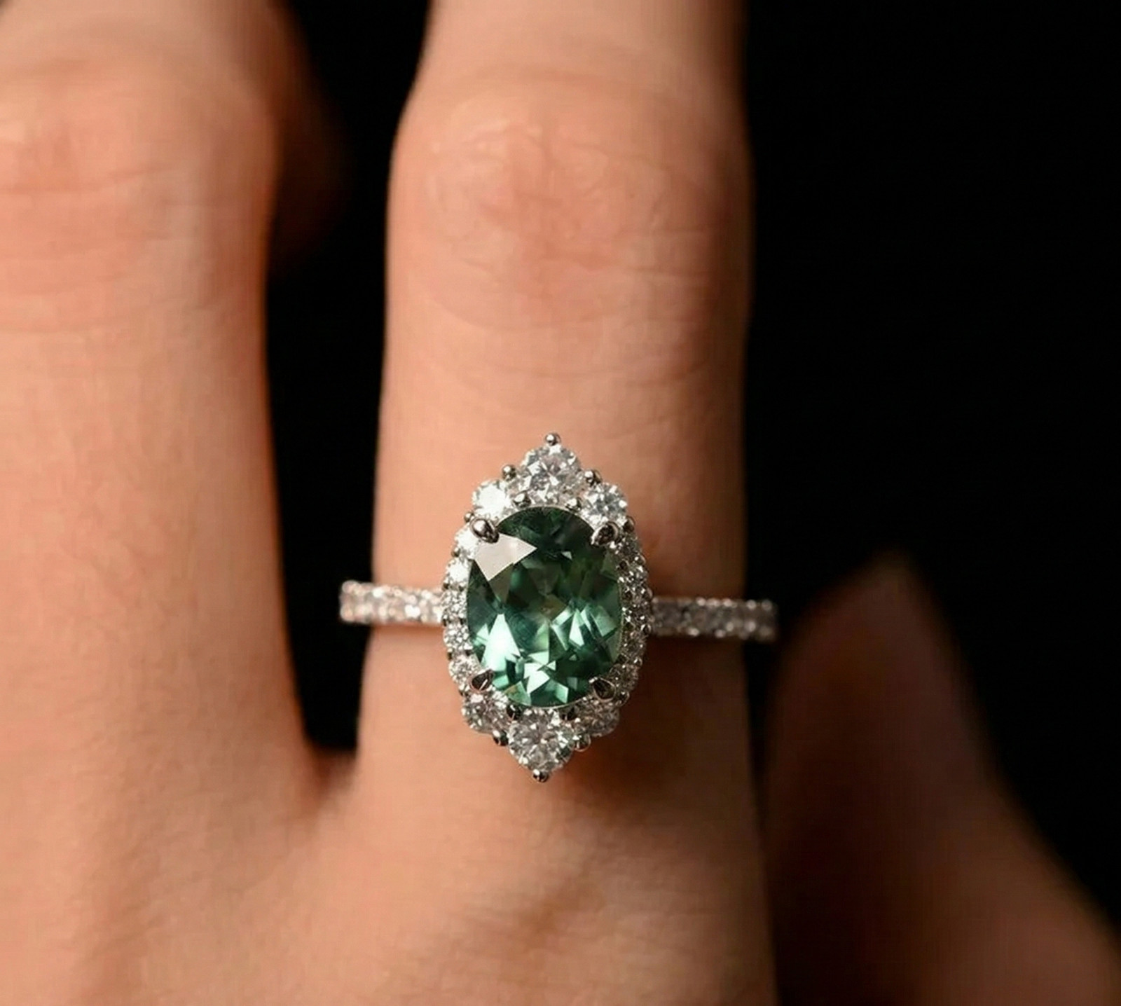 Oval Green Sapphire Halo Ring, 925 Sterling Silver Art Deco Engagement Ring