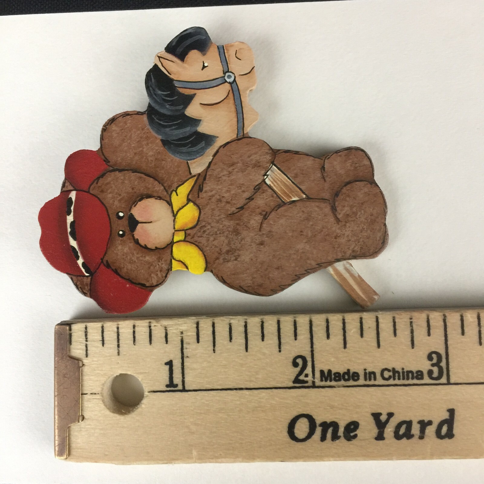 Brooch Cowboy Teddy Bear on Horse Pin Wooden Hand Painted Locking Bar Back VTG