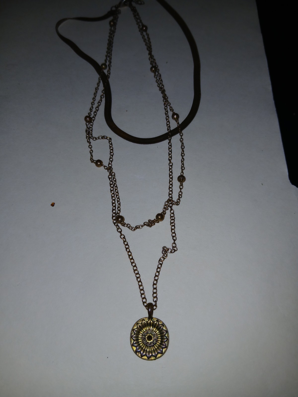 Gold Tone Layered Cable Chain Necklace Round Charm Pendant No Stone Metal