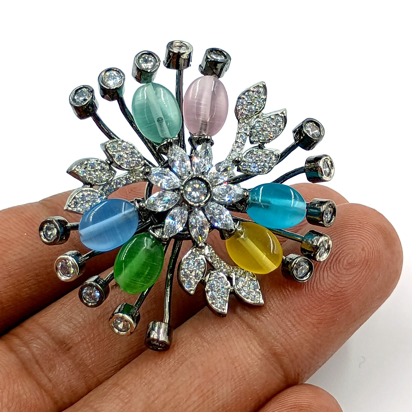 Handmade Multi Stone Ring Adjustable Cubic Zirconia Black Rhodium Plated Boho
