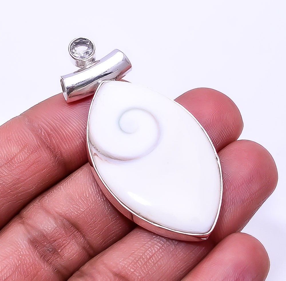 Shiva Eye Shell-Turkey & White Topaz 925 Sterling Silver Pendant 2.07″ P18