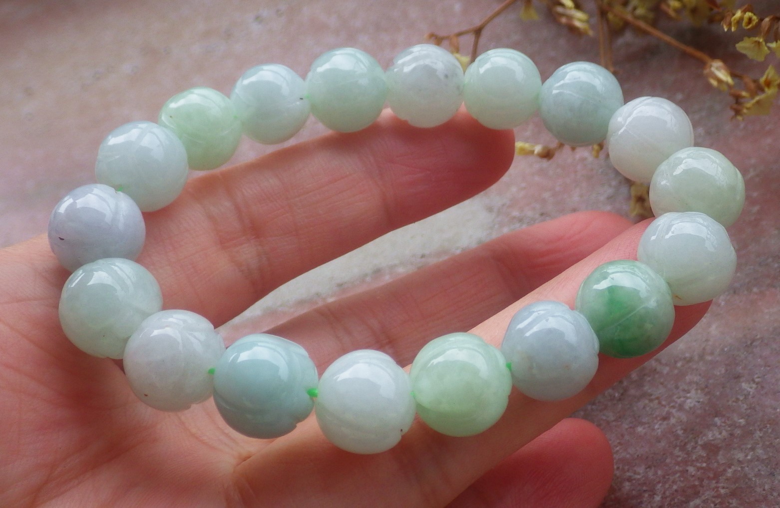 1 Pcs Green A JADE Jadeite Beads Bangle Lotus Flower Bracelet 7 inches 手链 737180