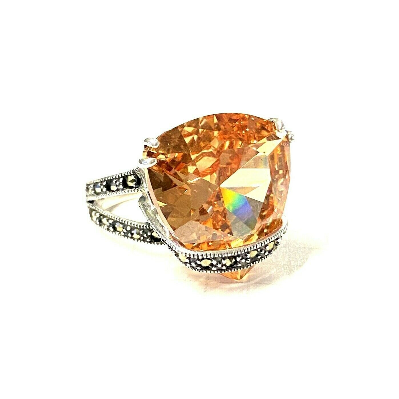 (SIZE 6,7,8,9) HUGE Amber Orange CZ Stone RING Marcasite .925 STERLING SILVER