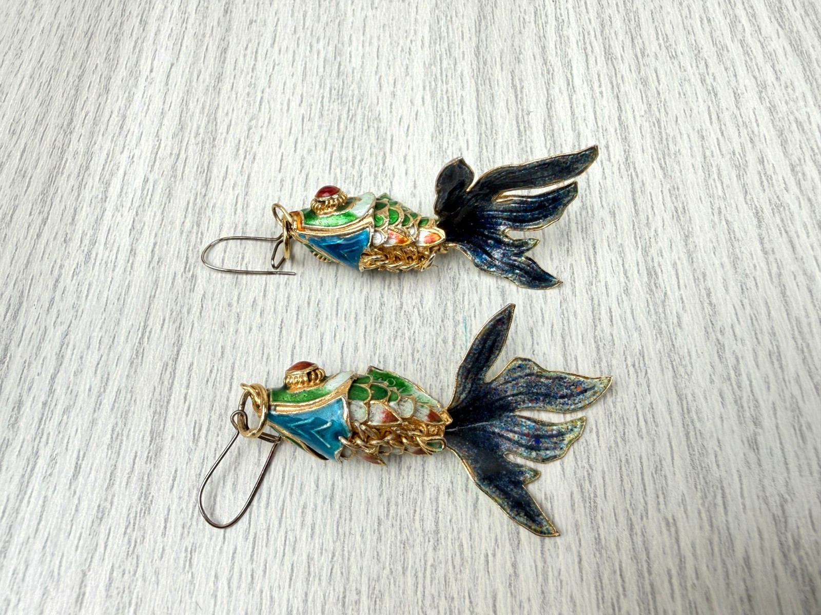 Cloisonne Guilloche Enamel Articulated Fish Green Blue Gold Red Eyes Earrings