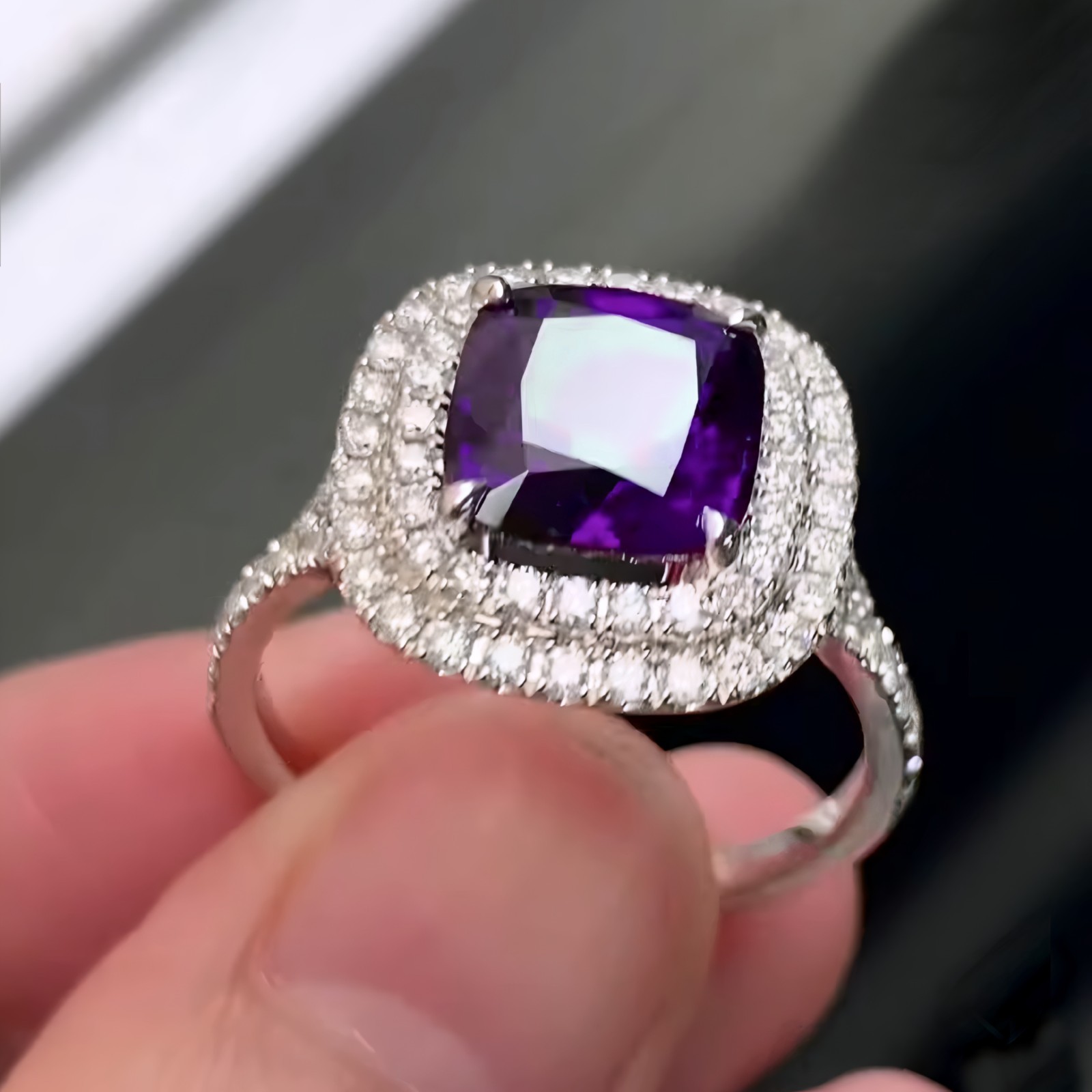 Natural Purple Amethyst Halo Ring 925 Sterling Silver Cushion Cut Handmade Fine