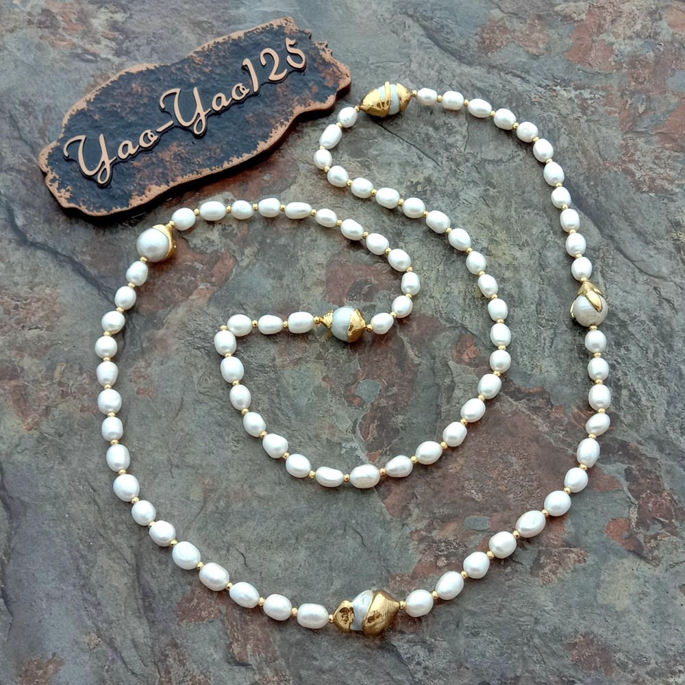 42″ White Baroque Pearl 24 K Gold Plated Keshi Pearl Necklace