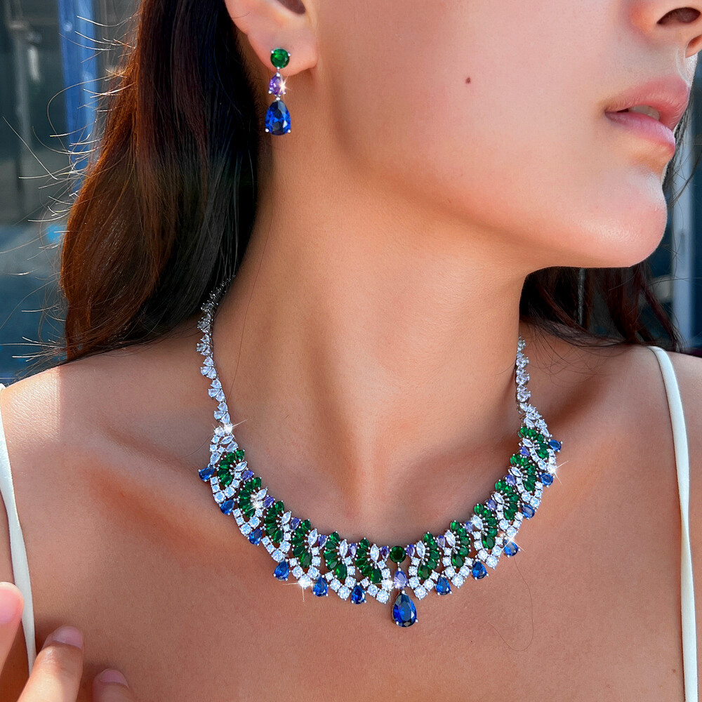 Women Blue Drop Multicolor Necklace Earrings Silver Plated CZ Bridal Jewelry Set