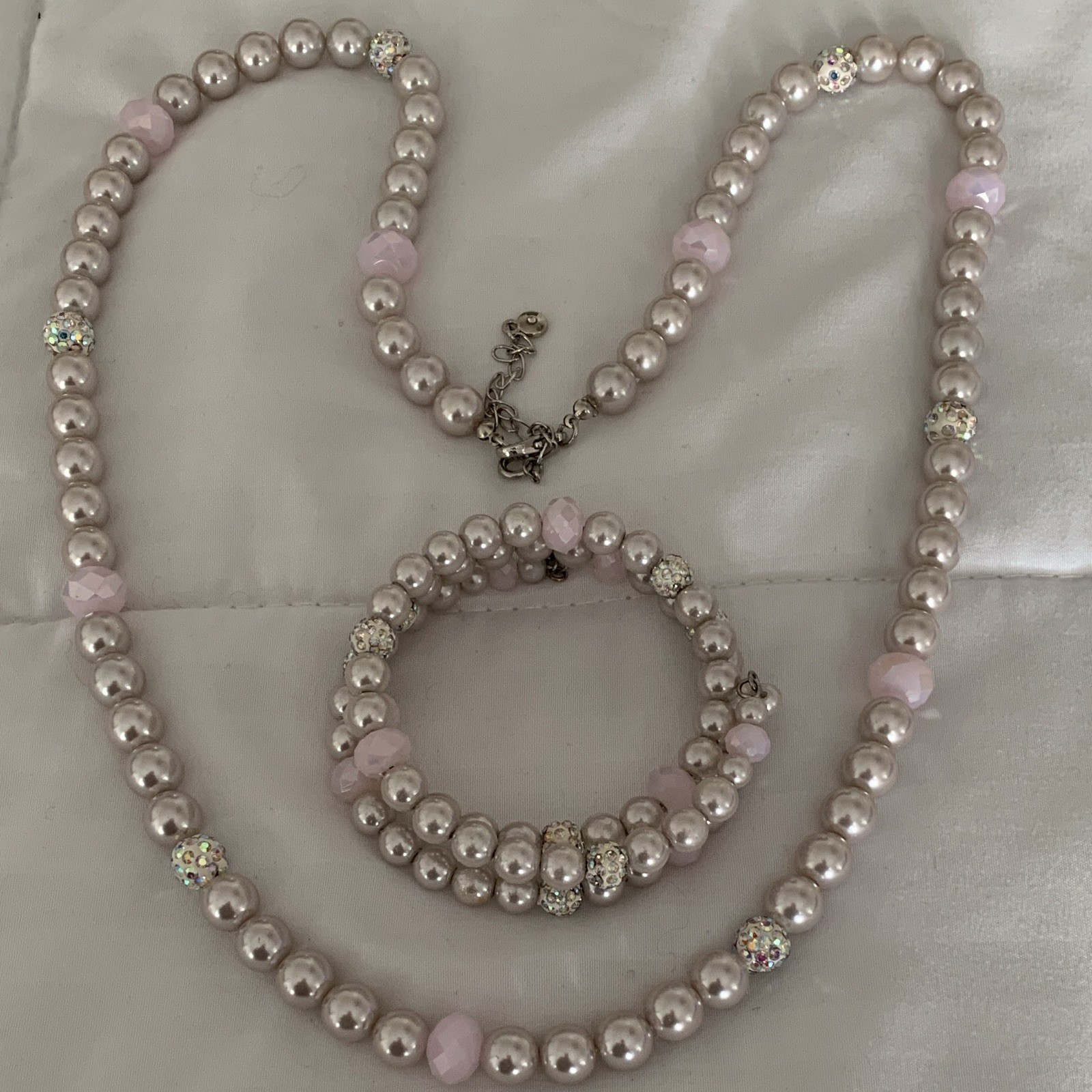 Pink Faux Pearl Jewelry Set Necklace & Bracelet w/ Crystal Rhinestone Spacers