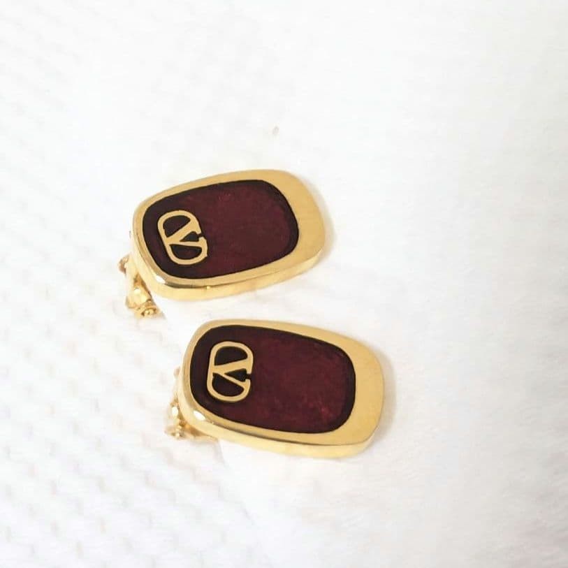 VALENTINO Earrings Clip V-Logo Red Gold Vintage