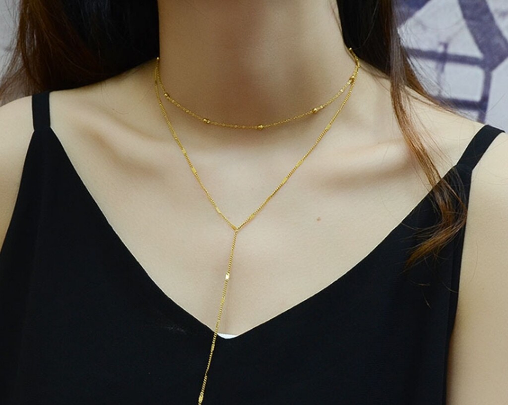 Women Gold Plated Titanium Stainless Steel 3mm Bead Chain Choker Necklace 14-18″