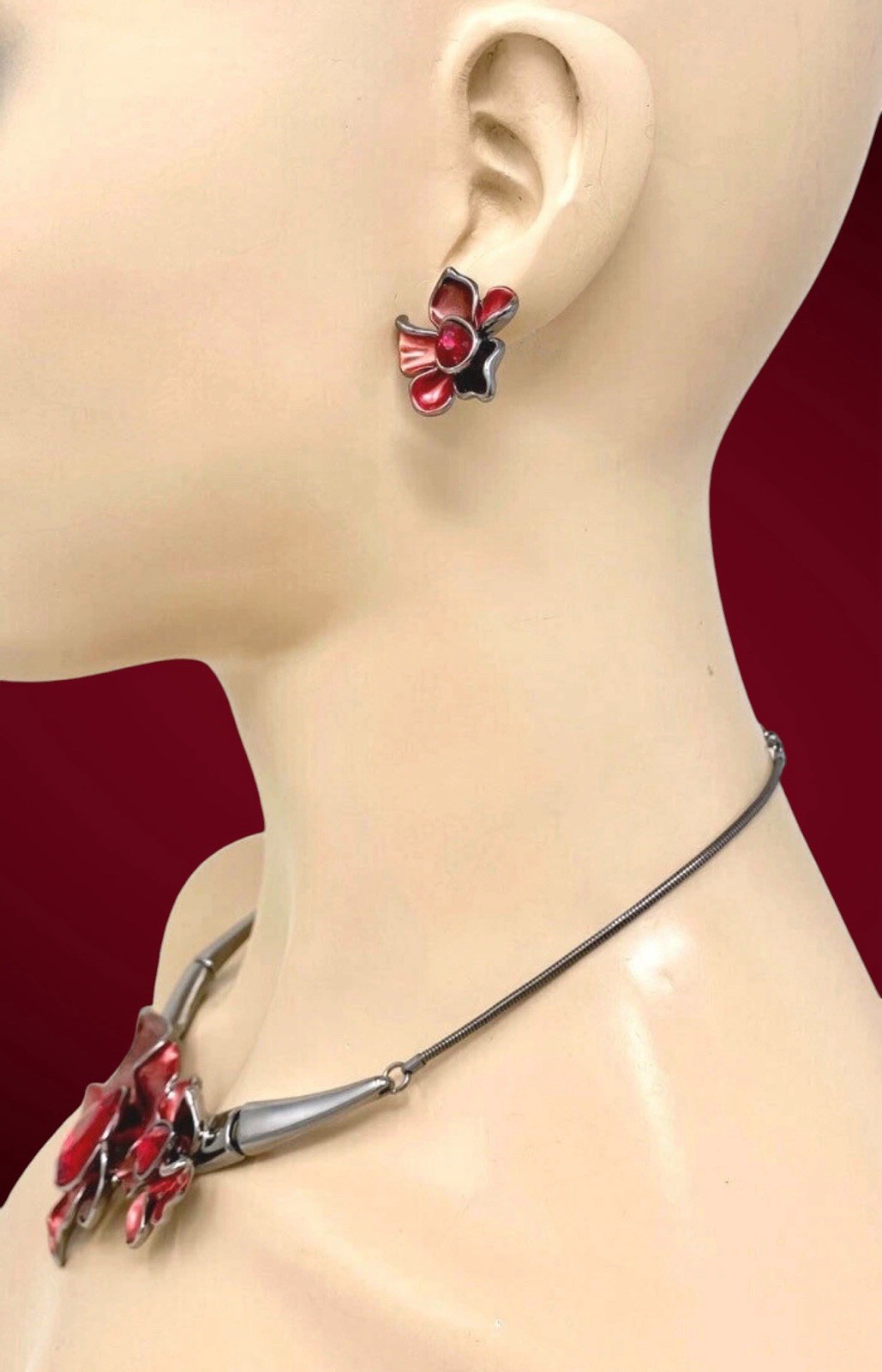 Red Crystal Flowers Enameled Statement Casual Chic Necklace Earrings Set